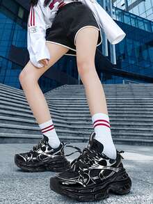 CAMEL CROWN Zapatillas de plataforma plateadas y transpirables para mujer, zapatos casuales para parejas - Negro Plata - Ver 3