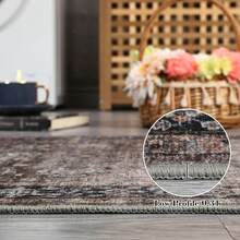 Washable Rugs For Living Room Vintage Rugs With Non-Slip Backing, Low Pile Stain-Resistant Distressed Oriental Carpet, Indoor Foldable Floral Print Floor Covering For Bedroom - Brown - View 4