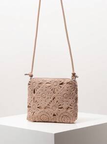 花卉镂空钩针编织斜挎包、沙滩包、度假包、钩针套装、度假必需品、旅行必备品、可调节肩带（图案随机） - 駝色 - 查看 5