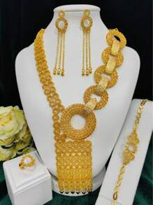 4 件女士时尚空心圆形长项链首饰套装，包括项链、耳环、手链、戒指，适合沙特阿拉伯、中东、迪拜、欧洲和美国新娘、婚礼、派对、约会、情人节、母亲节、毕业典礼、节日礼物、日常佩戴