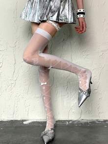 1 双女士优雅百搭纯色印花钻石芭蕾蝴蝶结过膝透明长袜，白色过膝袜，薄款透视连裤袜，时尚可爱日常洛丽塔及膝袜