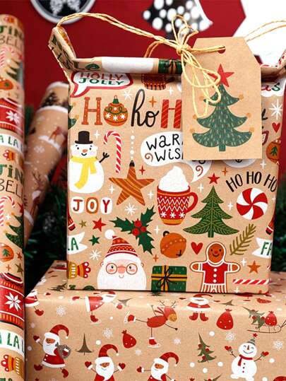 1pc 50*70cm Christmas Wrapping Paper, Holiday Gift Packaging With Christmas Tree, Santa Claus, Reindeer, Snowman Patterns, Classic Seasonal Theme Design, Suitable For Holiday Gifts And Crafts
