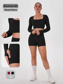 VVX Women's Seamless Sports Yoga Set Long-Sleeved Shorts Thumbholes Slim High-Waist Tummy Control Sports Set - 黑色 - 查看 2