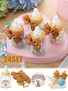 24 套 3.5 英寸迷你婴儿奶瓶，用于婴儿洗澡派对礼品游戏塑料奶瓶，附有感谢洗澡贴纸和蝴蝶结，感谢客人礼物糖果装饰 - 棕色 - 查看 2