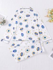 2 Potong Set Piyama Wanita, Motif Mata Tunggal, Pakaian Liburan Musim Gugur/Dingin, Set Piyama Atasan Lengan Pendek dan Celana Panjang - Berwarna merah muda - View 11