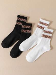 2 Pairs Of Fashionable Leopard-Patterned Mid-Calf Socks, Soft And Breathable Women's Socks, Suitable For All Seasons. Christmas Gift - Multicolor - View 7