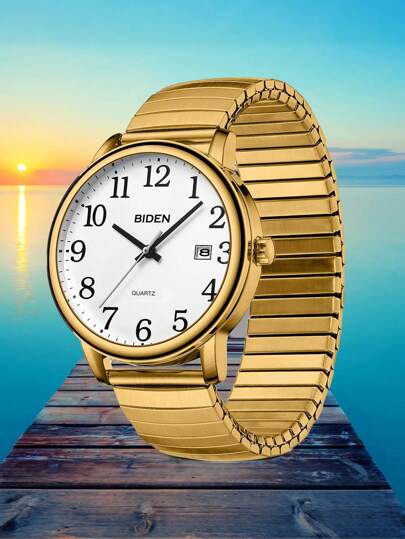 BIDEN BIDEN Fashionable Retro Watch, Suitable For Both Men And Women, Analog Quartz Watch For Middle-Aged And Elderly People, Arabic Numeral Large Dial, Automatic Date, Waterproof, Elastic Expansion Band