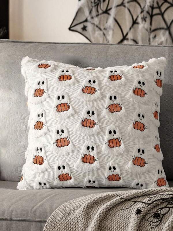 1pc Halloween & Christmas Series Pillow Cover, Cute & Soft Ghost Cushion Cover, Funny Black Bat Pillow Sham, Suitable For Halloween, Christmas, Living Room Sofa Party, Bedroom, Back To School Dorm, 3 Color Ghosts
