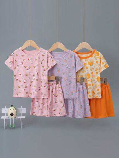 6pcs/Set Young Girl Cartoon Print Short Sleeve Shorts Pajamas Sleepwear Summer Lightweight Home Outfit