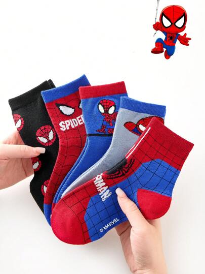 Marvel 5 Pairs Kids Socks, Superhero Spider-Man Socks, Girls Mid-Calf Socks, Korean Cartoon, Suitable For Autumn/Winter, Boys Socks