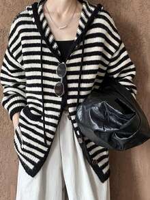 Hooded Long Sleeve Contrast Striped Knit Sweatshirt Sweatshirt, Loose Knitted Jacket, Versatile Top For Autumn/Winter, Random Piece