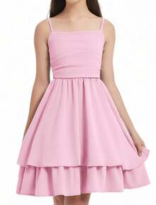 EXARUS Vestido corto informal de verano con tirantes finos ajustables y fruncido con dobladillo abullonado para niñas - Rosa - Ver 2