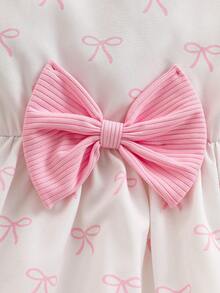 2pcs/Set Girls Back To School Spring/Autumn Short Sleeve Jacket With Bow Decor & Sleeveless Printed Dress With Waist Bow, Elegant