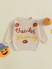 Toddler Baby Thanksgiving Sweater Pumpkin Letter Embroidered Crewneck Long Sleeve Pullover Chunky Knit Tops - 卡其色 - 查看 6