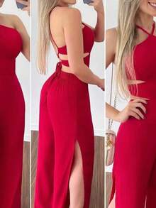 Women's Long Jumpsuit, Loose Viscose Pantaloons, Tie-Up - Đỏ - Xem 6