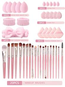 45件套化妆刷套装，混合化妆美容工具，包括：20支化妆刷、1个化妆包、5个美妆蛋、5个粉扑、5个迷你美妆蛋、5个迷你指套粉扑、1个发带、2个腕带、1个清洁工具。基础化妆刷，快速上妆，适合初学者和专业化妆师。化妆刷套装，化妆刷套装，化妆刷套装，全套化妆刷，化妆刷套装，全套化妆工具，化妆刷套装，化妆刷套装，化妆礼盒套装