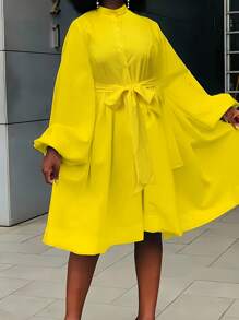 Long-Sleeved Lantern Sleeve Waist Lace Hollow Pocket Loose Pleated Dress