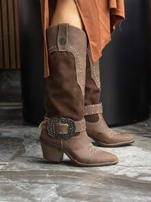 Botas vaqueras con hebilla western de media caña con remaches y bordado al frente 2 diferentes texturas tacón ancho y plataforma - Moka - Ver 7