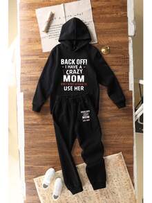 2pcs Teen Boy Graphic Print Casual Thermal Lined Hoodie & Pants Set, Autumn/Winter - Black - View 1