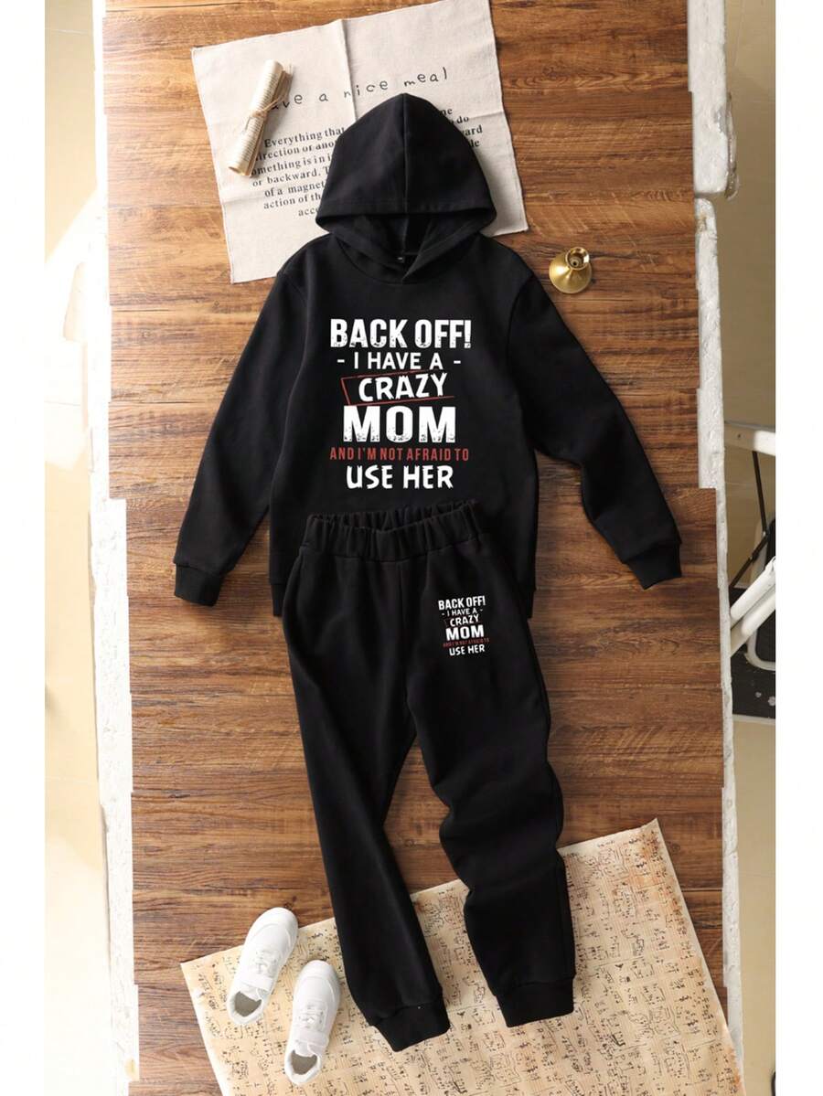 2pcs Teen Boy Graphic Print Casual Thermal Lined Hoodie & Pants Set, Autumn/Winter - Black - View 1