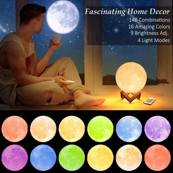 16 Farben Mondlampen, geeignet als Weihnachtsgeschenke, verwendbar für Frauen, Kinder, Mädchen, Schlafzimmer und Heimdekoration, mit Holzsockel.