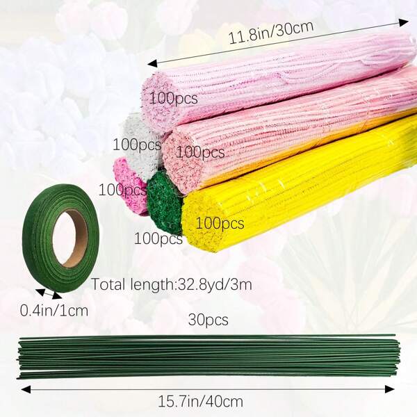 [632pcs Color Pipe Cleaners Flowers Craft]632pcs Color Twist Sticks Set With Step-By-Step Video Tutorials, 600 Pipe Cleaners With 30 Pcs Florist Wire, 1 Green Gardening Tape, Perfect Creative Gift, And Party Decorations, DIY Craft Supplies Easter Gift Purple Series Set Creative Gift Packaging And Party Decoration