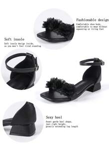 3cm Women's Black Low Heel Square Toe Bridal Sandals With Elegant Faux Pearl Flower Decor, Fashionable & Comfortable