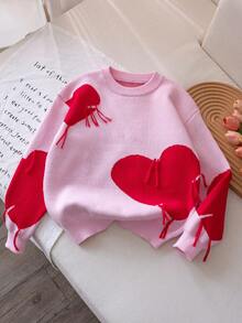 女童可爱心形图案针织套头衫，适合春秋冬季休闲穿着 - 粉色 - 查看 2