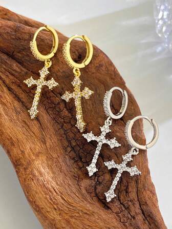2pcs Rhinestone Encrusted Cross Hoop Earrings, European & American Hip-Hop Style Earrings