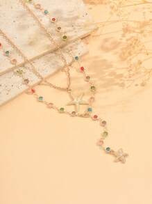 2件套优雅日常佩戴金色海星吊坠项链，时尚简约彩色玻璃水晶女士长项链，适合日常穿搭、街头风格和拍照。水晶颜色随机排列。