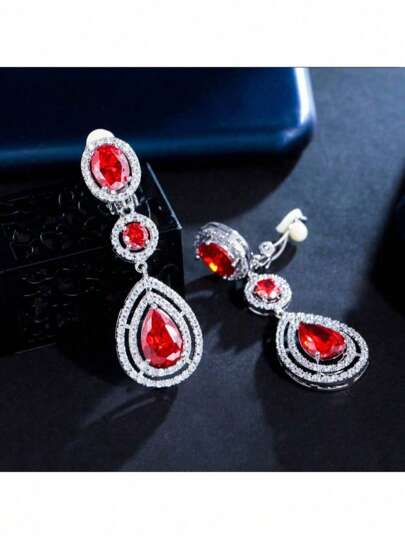 SEQUITO 2Pcs Elegant Fashion Red Crystal Stone Water Drop Long Clip Earrings For Women Non-Pierced Jewelry Costume Accessories