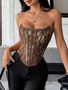JSE Sexy Elegant Solid & Floral Print Mature Charm - Áo corset hở lưng với viền ren xếp nếp duyên dáng, kiểu dáng ôm sát, cài khuy bấm. - màu nâu - Xem 4