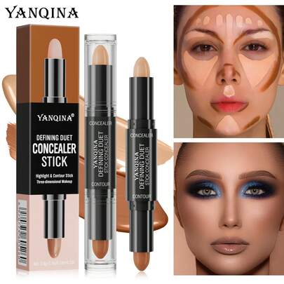 2-In-1 Contouring Stick, Highlight & Contour Makeup Duo, Waterproof, Natural-Looking Sculpting, Brightening, Powder Brush, V-Shaped Face, Setting, Concealers, Cosmetics