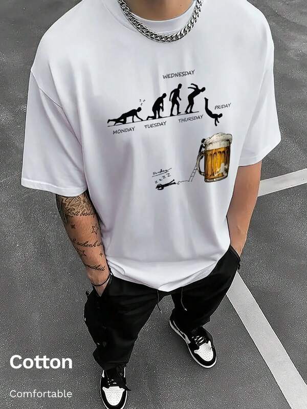 Camiseta masculina de algodão, estampa divertida de slogan, primavera e verão, quatro estações, novos esportes, moda masculina, blusas brancas de manga curta, macias e respiráveis