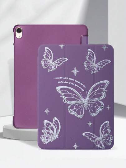 1 pièce Étui de tablette plat violet avec motif papillon et lettre, support intégré, coque arrière en PC, mince et léger, fonction de veille/réveil magnétique. Compatible avec iPad Mini4/Mini5/Mini6/Mini7/Air1/Air2/9.7/10.2/10.5/Air4/Air5/10.9/Pro11/10th/Air 11-In.(M2)-2024/Pro 11-In.(M4)-2024/IPad Air 11-pouce (M3) 2025/IPad (A16) 11 pouce 11th Generation 2025. Stylet non inclus.
