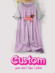 Custom Style Nightgown, Raglan Sleeve Nightgown, Comfortable Sleepwear E21 - Purple - View 2