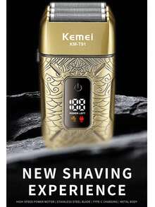 Kemei KM-T91 男士三刀头电动剃须刀，配备 1 块 1400mAh Type-C USB 可充电锂电池，带来沙龙级剃须体验，带 LED 显示屏，三刀头浮动式设计，干湿两用，USB Type-C 接口 - 彩色 - 查看 3