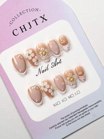 YINZIJIA Minimalist Style, 10 Pieces, Handmade Pressed Fake Nails, White Five Petal Flower, Pure Handmade White Blending Decoration With Ice Crystal Flower Jewelry Design Art Style, Short Size, Almond Shaped Pressed Acrylic Fake Nails, Perfect Gifts For Daily Wear And Holiday Parties For Girls And Women In Summer Nail Art Nail Supplies Nails