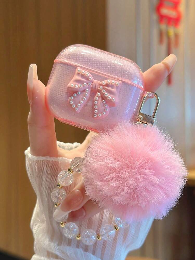 Pink Bow-Knot 3D Pearl Pom-Pom Keychain Bluetooth Earphone Cases Case Compatible With Apple Bluetooth Earphone Case Anti-Scratch And Drop Protection Women Gift Easter Spring Birthday Anniversary Gift - Multicolor - View 9