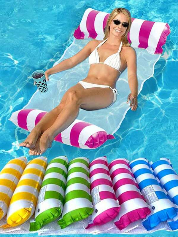 1pc Inflatable Pool Hammock With Mesh - Striped Adult Lounger For Vacation, Party And Relaxation, Pink, Yellow, White, Green, Blue, Etc., Outdoor Hammock, Beach Pool Essentials, Great For Photo Taking