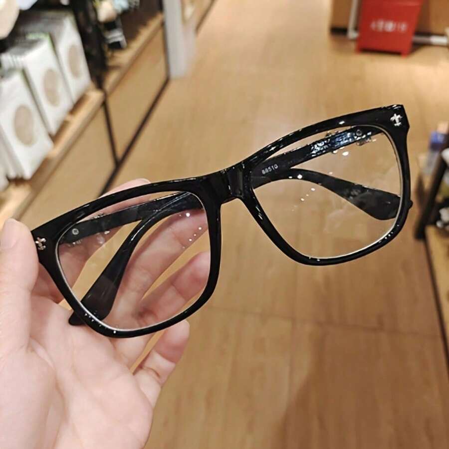 Fashion Retro Square Large Frame Glasses, Elegant & Simple, Fashionable Slim-Look Eyewear For Men And Women, Student Photo Prop Accessories Christmas Gift - 黑色 - 查看 1