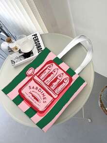 女士可重复使用手提袋、手提包和化妆包套装 - 色彩缤纷的简约粉绿条纹沙丁鱼罐头印花涤纶购物袋，固定肩带设计，适合海滩、野餐、购物和食品收纳