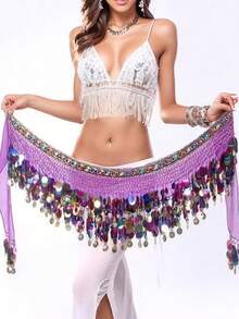 女士肚皮舞臀巾裹裙，带亮片流苏，迷你裙装，适合泰国/阿拉伯舞者