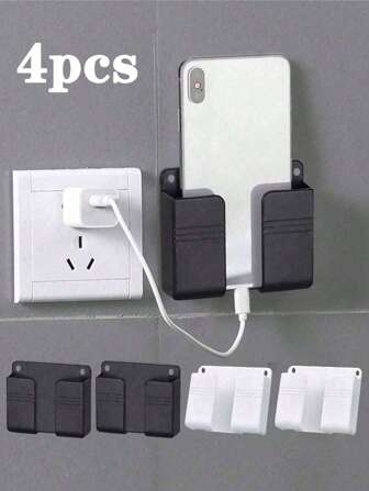 4pcs/Set Adhesive Phone Holder, Wall-Mounted Storage Basket, Remote Control & Phone & Charger Holder, Bedside Hanging Rack, Bedroom Decor