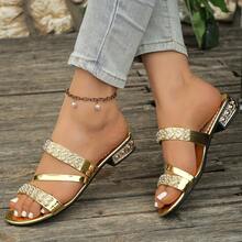Flat Shoes For Women,Women's Flat Summer Slippers With Rhinestones And Glitters,Rubber Women Casual Shoes,Two Wearing Styles Both As Outdoor & Indoor Shoes - 金色 - 查看 3