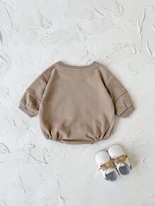 INS 婴儿男女童休闲恐龙刺绣棕色长袖连体衣，春秋季