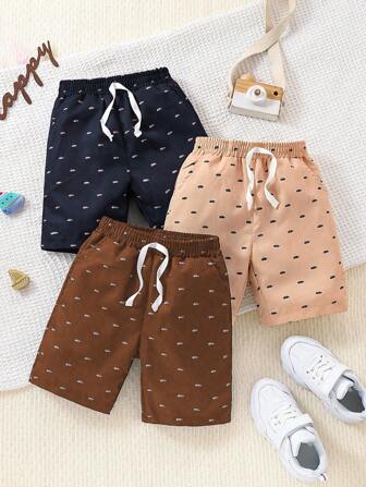 Set de 3 pantalones cortos versátiles con estampado de espina de pescado para niño pequeño, adecuados para verano, escuela, uso diario, ocio, vacaciones y fiestas