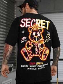 Manfinity Roghcode Men's Loose Fit T-Shirt With Slogan And Cartoon Graphic - Black - View 5