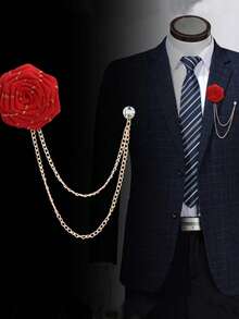 1pc Handmade Fabric Rose Flower Brooch Pin With Tassel Chain, Men's Suit Accessory - Burgundy - View 1