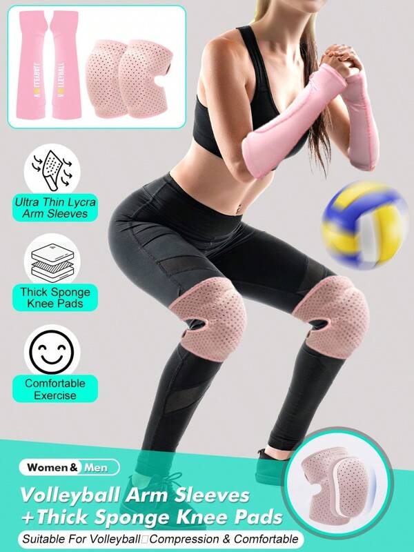 1 set - Manches de bras pour volley-ball - 1 paire + Genouillères épaisses à port ouvert avec éponge - 1 paire, Genouillères de danse épaissies pour le genou, Manches de bras avec coussinets et trou pour le pouce pour passe et frappe, Convient pour le volley-ball, hommes et femmes